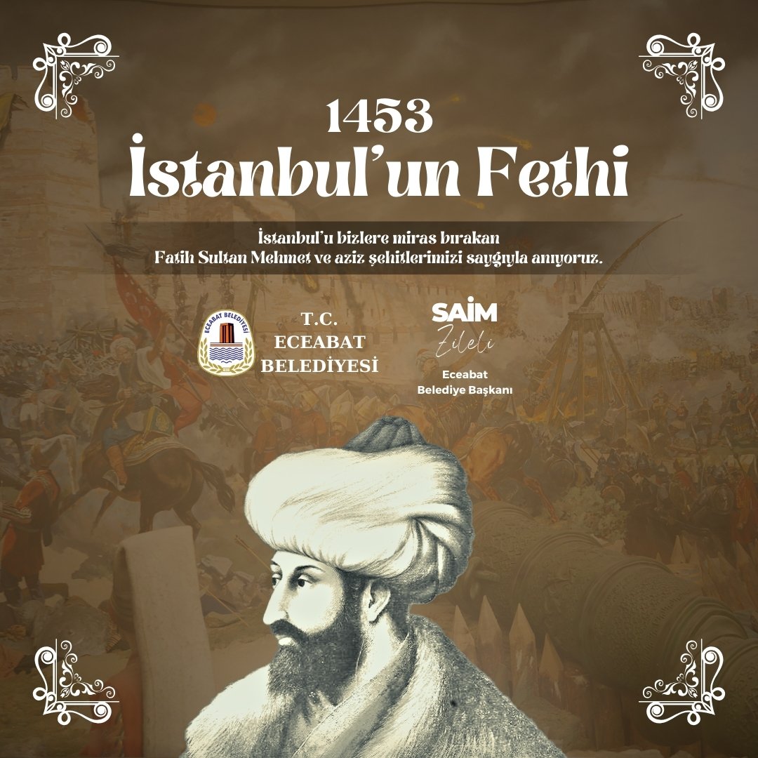 Bugün, İstanbul'un fethinin 571. yıl dönümünü büyük bir gurur ve coşkuyla kutluyoruz! 29 Mayıs 1453, sadece bir şehrin değil, bir çağın değiştiği tarihtir. Bu büyük zaferin yıl dönümünde, ecdadımız Fatih Sultan Mehmet' i saygıyla anıyor, onların mirasını yürekten selamlıyoruz.