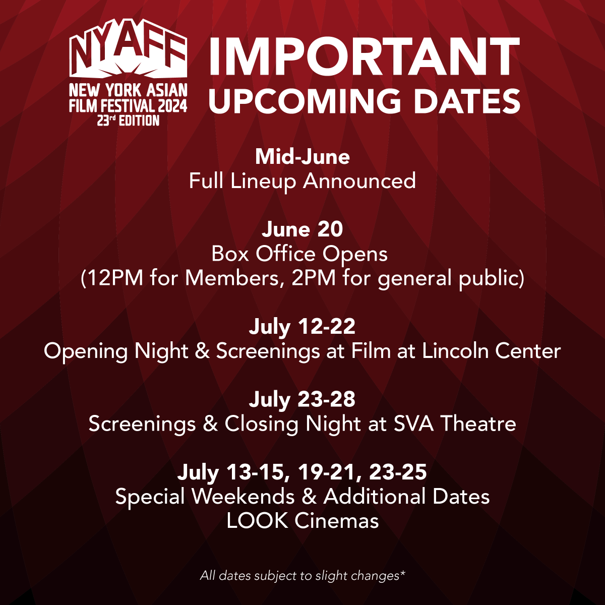 NYAFF's tweet photo. 🗓️Our festival is just around the corner, so save the dates! 🎉 Also keep an eye out for our membership sale starting soon, giving you priority access to NYAFF tickets! 🎟️✨ The 23rd edition of the New York Asian Film Festival will be held at @filmlinc and @svatheatre! https://t.co/I6ARwdkPCU