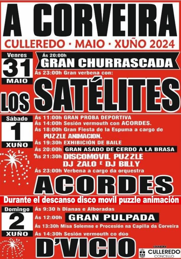 ConcCulleredo's tweet image. 🥳 A Corveira festexa 💃🏻🕺🏻 durante toda a fin de semana!

Desde o venres, coa gran churrascada ás ⏰ 20:00 horas, ata a sesión #vermú do domingo, haberá 🙌🏼 troula para todos os públicos.

Non o perdas! ☺️
