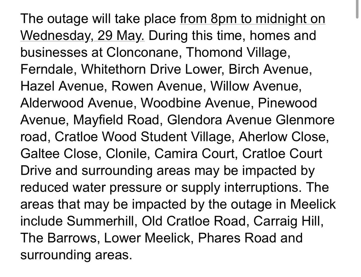 ⚠️ Uisce Eireann have advised of a water outage TONIGHT for essential works in the Caherdavin area: