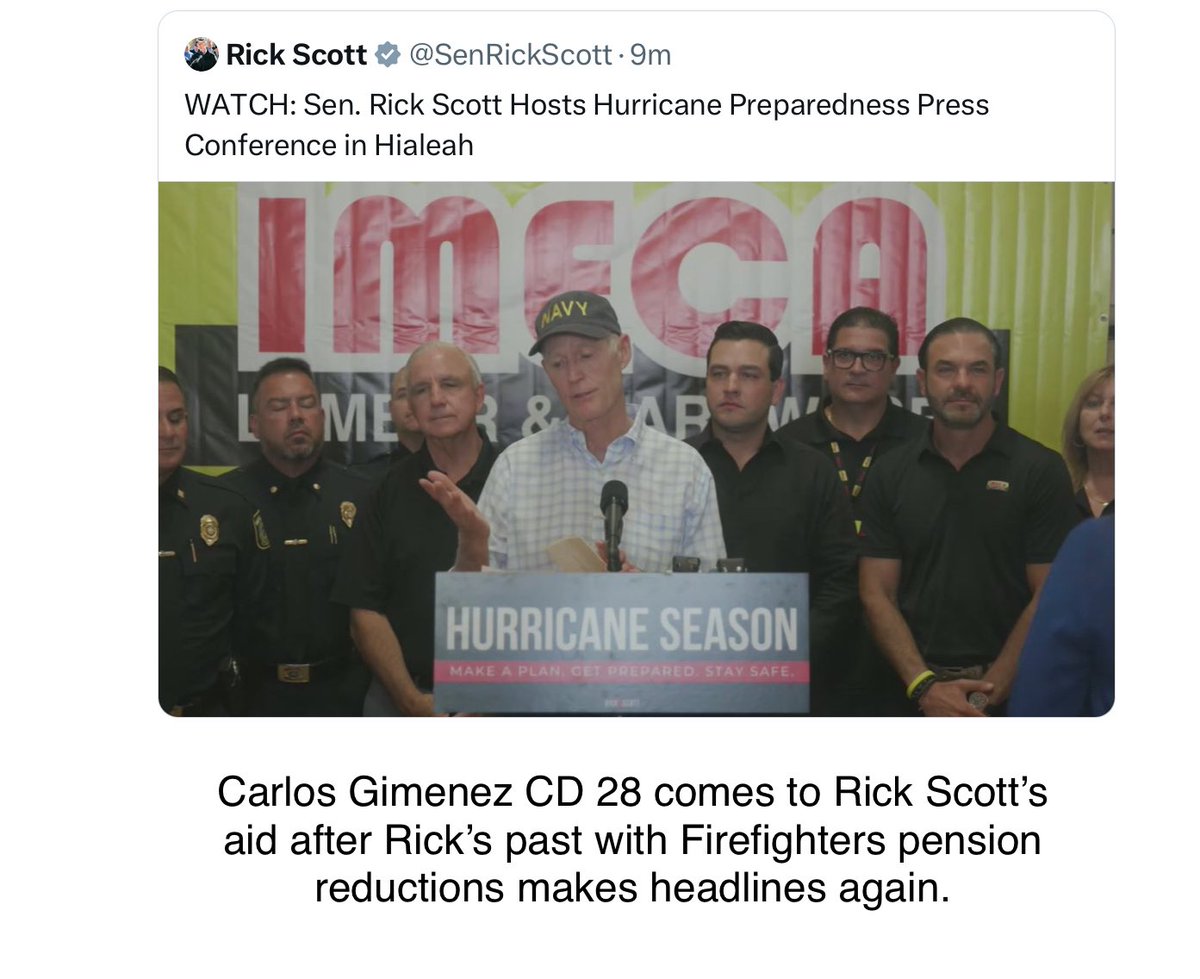 Carlos Gimenez is backing Rick Scott the former governor who left Firefighters and fixed-income retirees feeling suffocated.

In 2011, Scott delivered a blow to public sector workers’ Florida Retirement System pension plan.

Save Social Security from their clutches.
@PhilEhr for