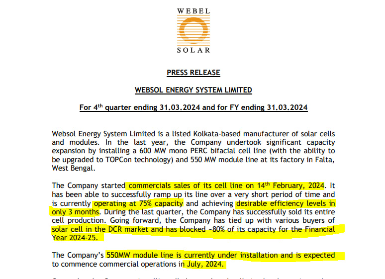 Websol 550MW module line is expected to come in July 2024