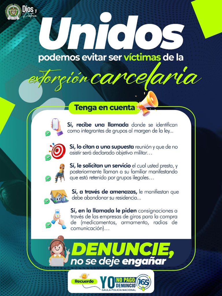 Combatir el secuestro y la extorsión es un trabajo que va de la mano con la ciudadanía, no dude hacer su denuncia en la #Línea165, este es el punto de partida para desplegar labores investigativas y poder llegar  a identificar los actores criminales.

#YoNoPagoYoDenuncio