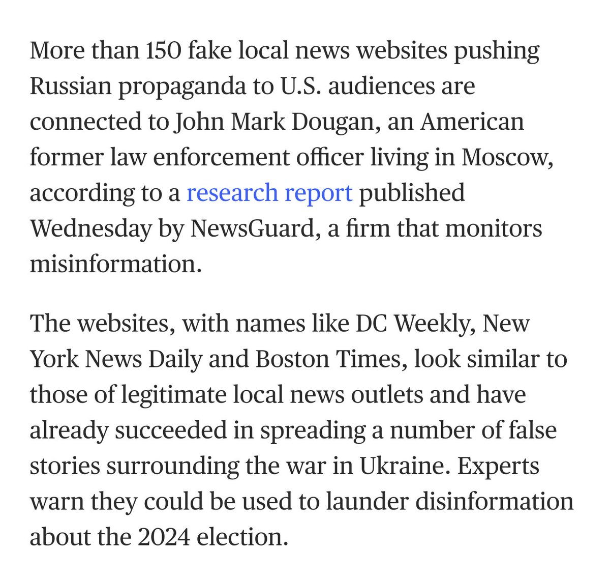 Florida man: Fugitive John Mark Dougan fled to Moscow and runs more than 150 pro-Russia/pro-Trump disinformation sites targeting Americans. Previously a US Marine and Sheriff's Deputy, he fled to Russia after committing election fraud and numerous other crimes.