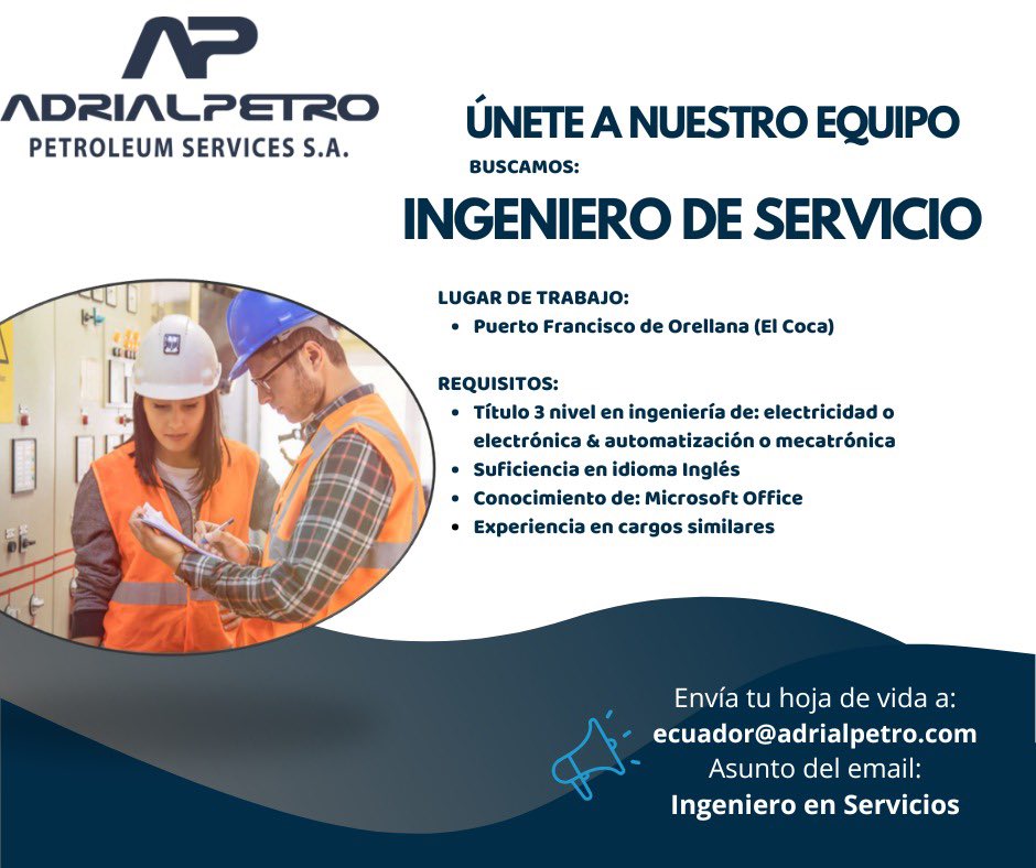 adrialpetro's tweet photo. Forma parte del equipo Adrialpetro🤝

Nos encontramos en búsqueda de: Ingeniero de Servicio

Si cumples con el perfil, envía tu hoja de vida actualizada a: ecuador@adrialpetro.com
Con el asunto: Ingeniero de Servicio https://t.co/fEzP6DtI3t