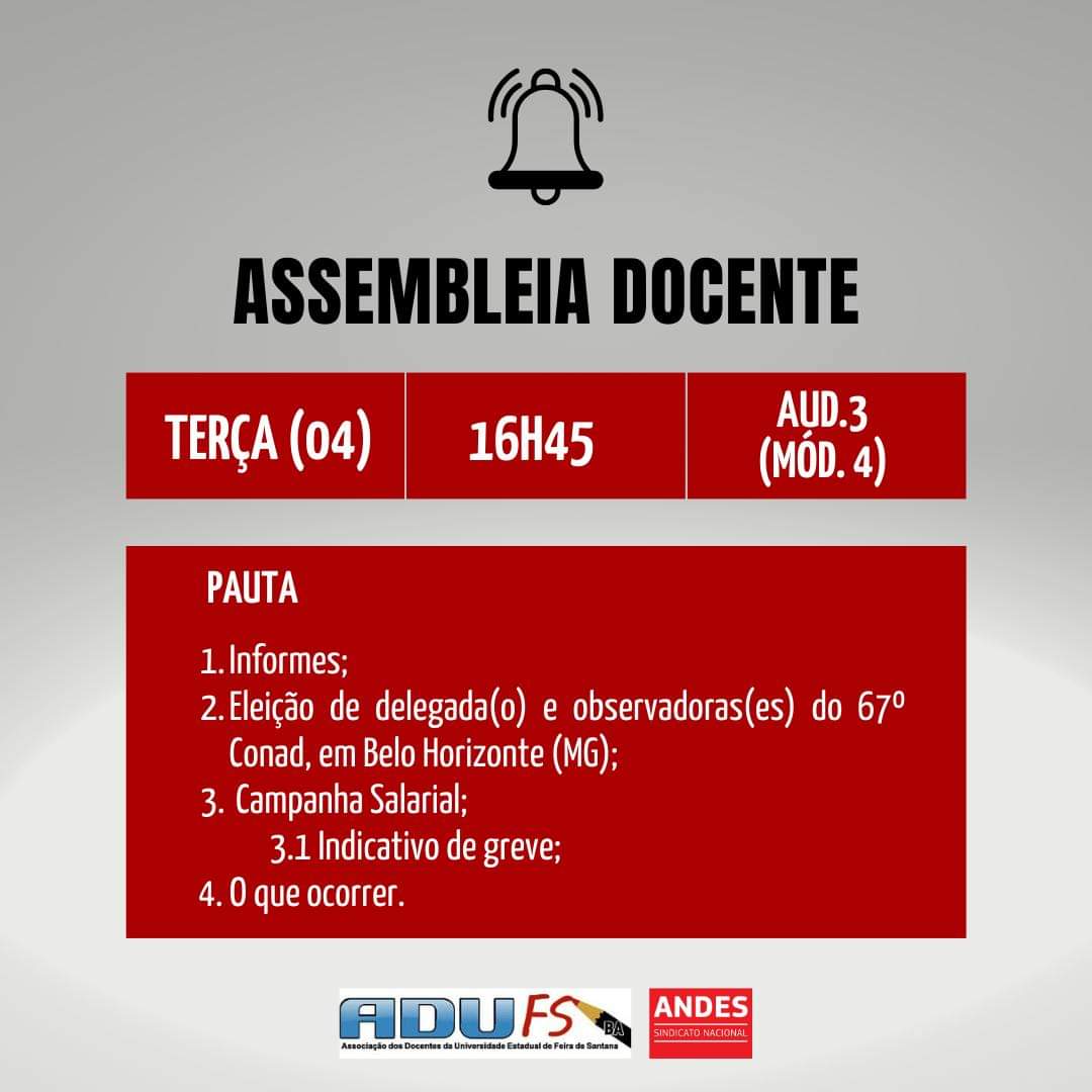 Adufs's tweet photo. 📢🚩ASSEMBLEIA DOCENTE

A diretoria da Adufs convocou Assembleia para a próxima terça-feira, 04 de junho, às 16h45, no Auditório 3 (Mód. 4). https://t.co/gDonP9wWMu