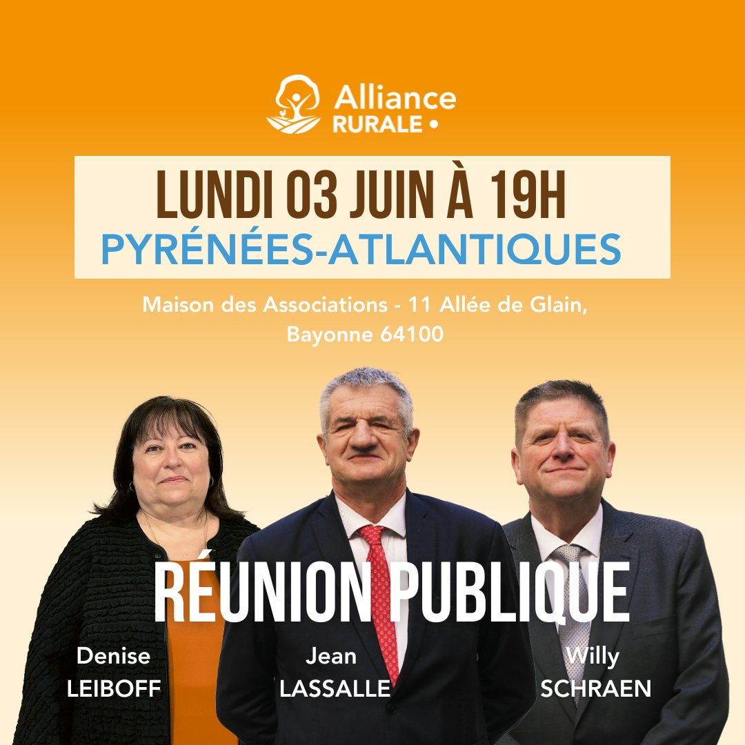 Oyez oyez Bayonne ! 🎉

Retrouvez-nous le 03 juin à 19h pour la Réunion Publique avec nos candidats @jeanlassalle, Denise Leiboff et @WillySchraen. 

📍 Maison des Associations - 11 Allée de Glain, Bayonne 64100

#alliancerurale #reunionpublique #france #ruralité #europe