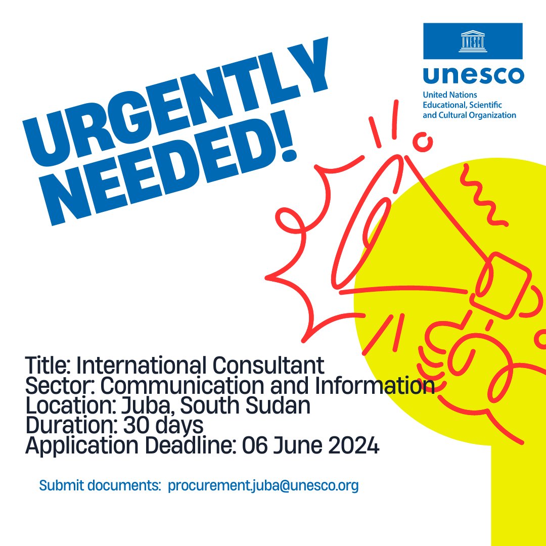 📢#Announcement!

We are looking for an international consultant to support media and information literacy in South Sudan! 

#jobvacancy 

Details attached: