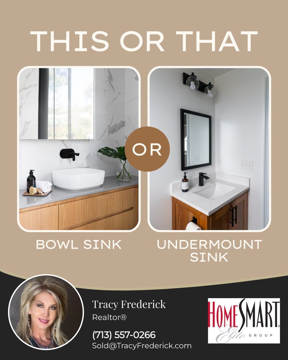 Transform your bathroom with the perfect sink: bold bowl for a statement or seamless under-mount for timeless elegance. What's your choice? 

#bathroomdesign #luxuryliving #homespa #contemporarydesign #timelessstyle #FriendswoodRealtor, #Realtor, #LeagueCityRealtor,