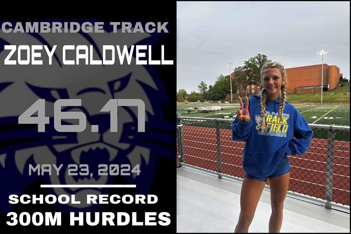School Record
Last week in the Regional Track meet, Bobcat Zoey Caldwell broke the school record in the 300-meter hurdles with a time of 46.17. Caldwell broke the record of 46.19 set by CHS alumna Jaylynn McClarren in 2019. #WeAreCambridge #WeAreProud #FastCat #RecordBreaker