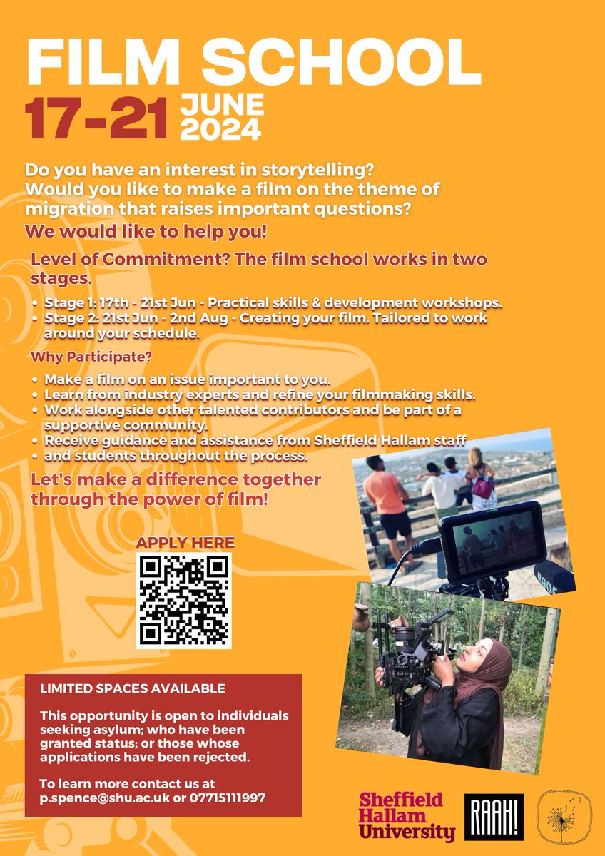 "Join us at the exciting Film School in Sheffield this Summer, June 17-21! 
Have a passion for storytelling? Create films on migration and raise vital questions with us!
Email Pete Spence - p.spence@shu.ac.uk to learn more! 
#MigrationStories 
@filmproduction_shu "