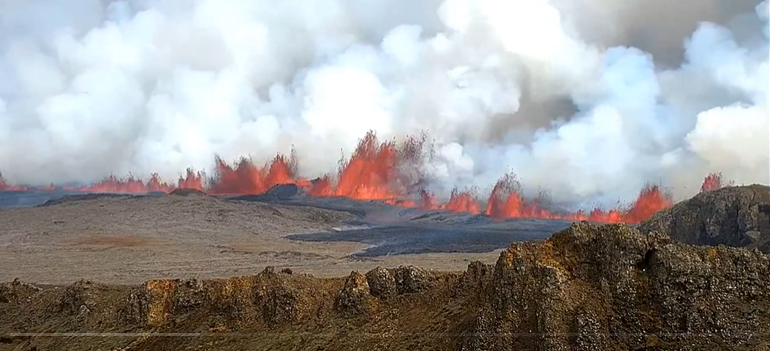The eruption is flowing at a rate of about 1,000 cubic metres of lava every second. That's equal to an Olympic sized swimming pool of lava every second.