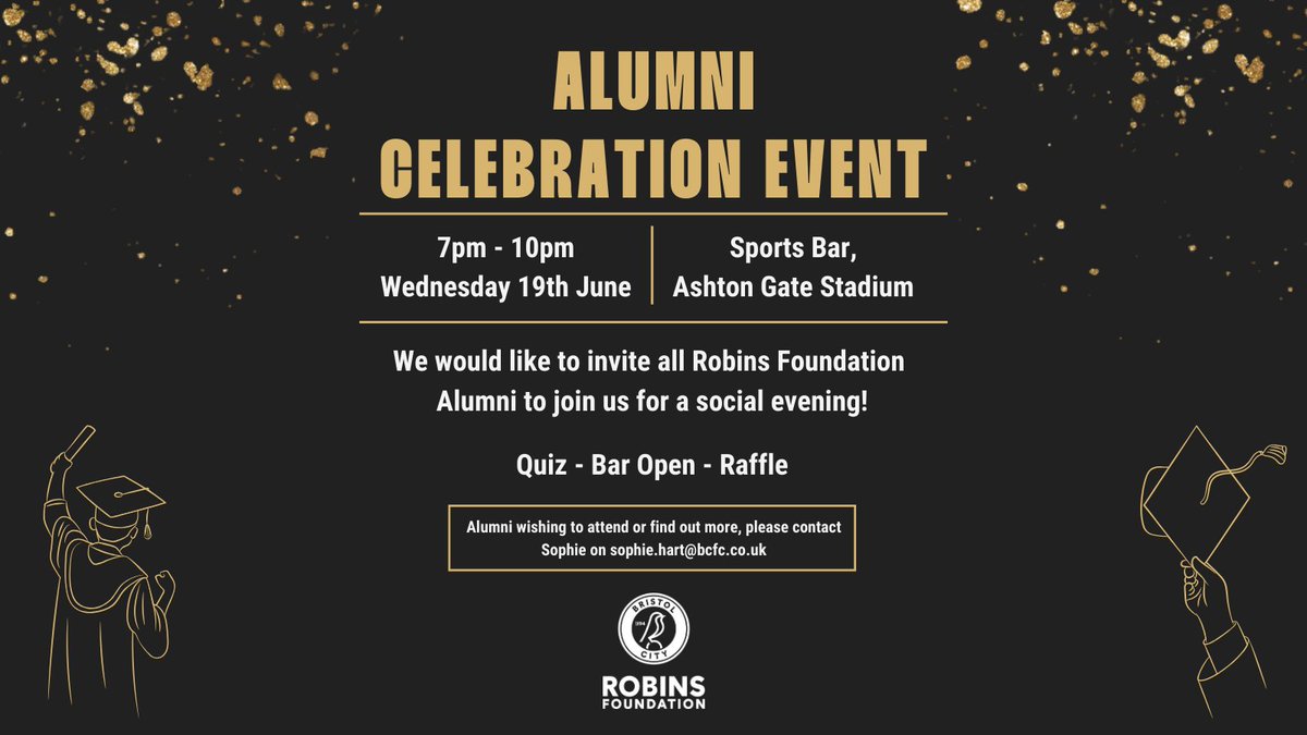 📣 Calling all past @EducationRobins students! Join us at Ashton Gate Stadium Sports Bar on Wednesday, June 19th for an evening of reconnecting with old classmates and tutors! ✨ Secure your spot now👇 bcfc.co.uk/news/foundatio…