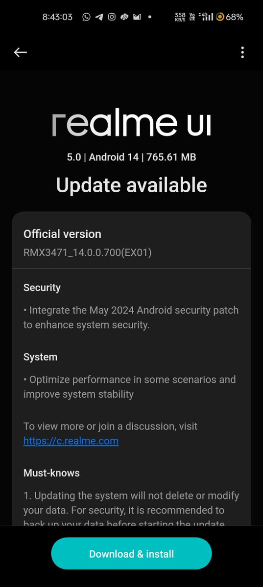 TechKard's tweet photo. Received new software update in my Realme 9 Pro 5G.
Update size : 765.61MB
Including
May 2024 Android security patch
Optimize performance in some scenarios and improve system stability
#Realme #Realme9Pro #Realme9Pro5G .@realmeIndia https://t.co/DLNo4Z2nEW
