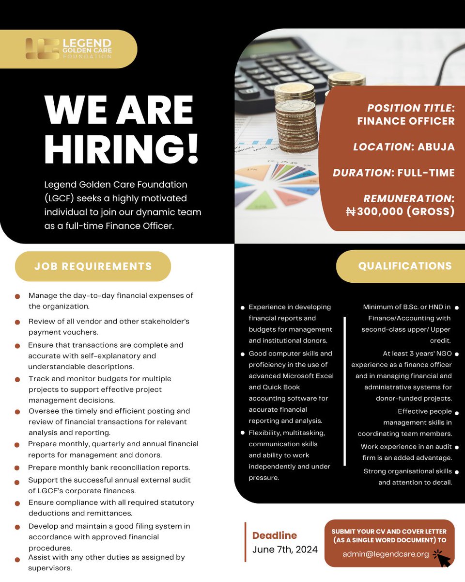 We’re Hiring!

Legend Golden Care Foundation (LGCF) seeks a highly motivated individual to join our dynamic team as a full-time Finance Officer.

See the flyer for more details.

Interested and qualified candidates should submit their CVs and cover letters

#Vacancies #Hiring
