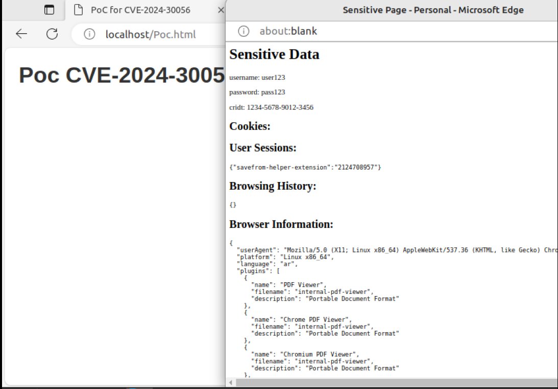 🚨POC RELEASED🚨CVE-2024-30056 Microsoft Edge (Chromium-based) Information Disclosure Vulnerability #DarkWeb #Cybersecurity #Security #Cyberattack #Cybercrime #Privacy #Infosec #CVE202430056 #Vulnerability This is a vulnerability in Microsoft Edge (Chromium-based). The attacker