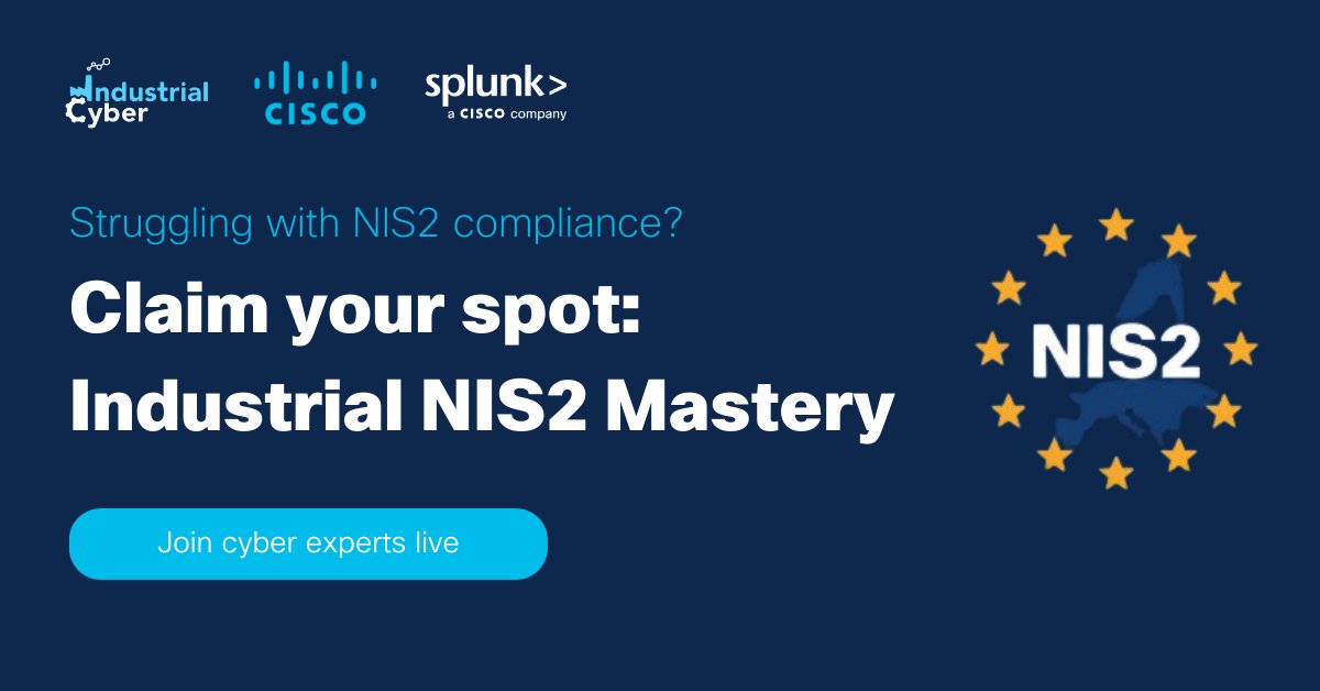 Join Cisco IIoT's webinar with Industrial Cyber, Splunk, and Takepoint Research as they highlight how industrial organizations can benefit from the Cisco security portfolio to drive #NIS2 compliance.

📅 June 27th
🕑 2pm CET
🔗 cs.co/6018ebDhA

#ICSSecurity #OTSecurity