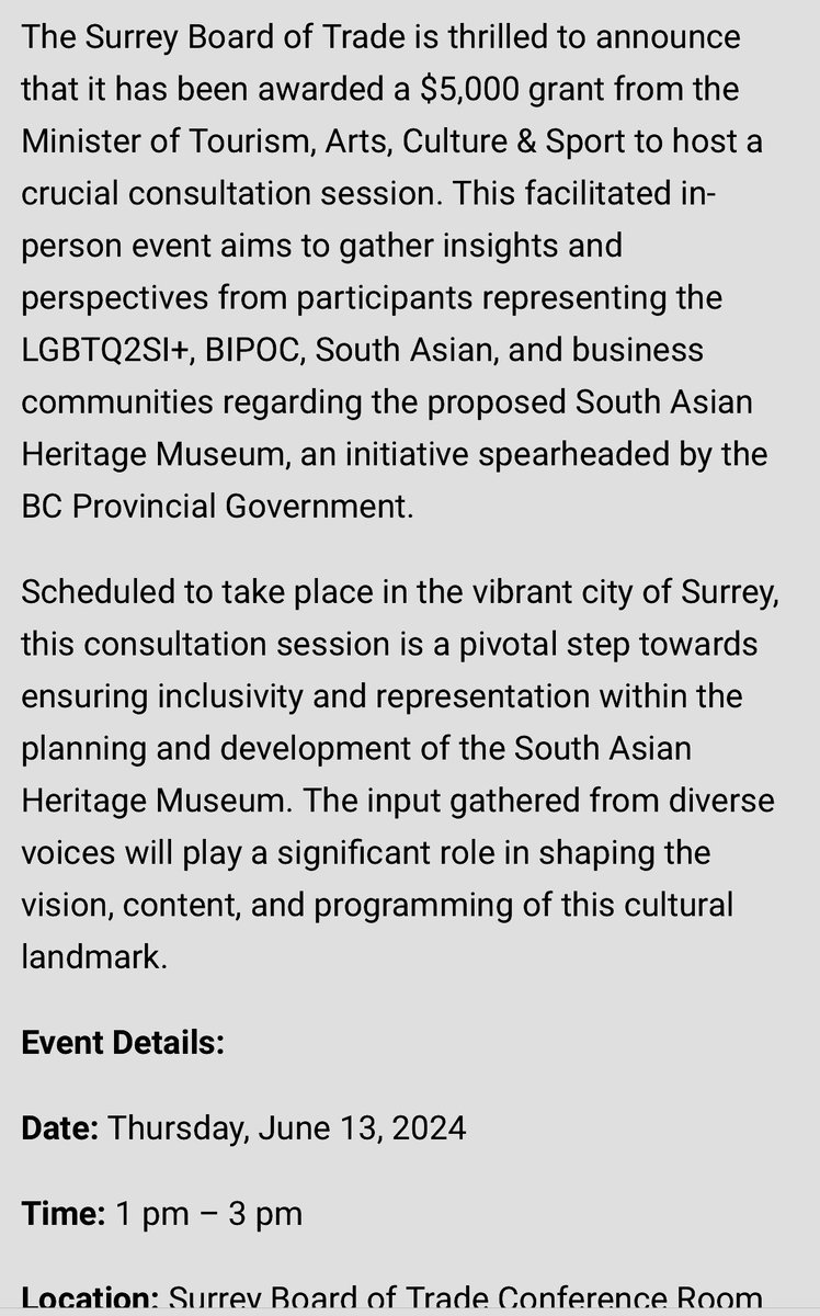 SURREY FOCUS 
Surrey Board of Trade Awarded $5,000 Grant from Minister of Tourism, Arts, Culture & Sport for South Asian Heritage Museum Consultation Session

businessinsurrey.com/2024/05/surrey… @SBofT @brendalockebc @HarryBainsSC @lanapopham @CityofSurrey