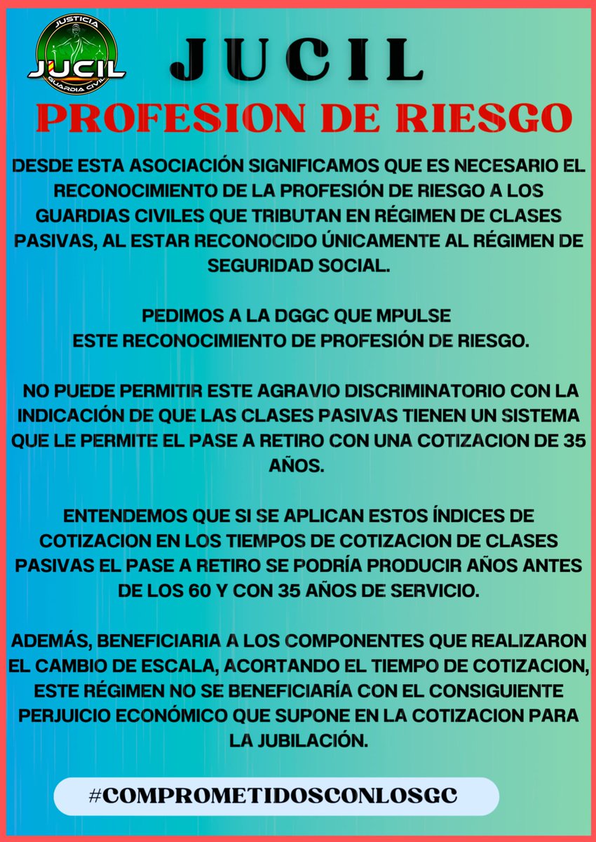 🔴| #URGENTE 🔊 #JUCIL solicita a la Dirección General de la #GuardiaCivil que reconozca como profesión de riesgo a los guardias civiles que tributan en régimen de la clases pasivas. ‼️Mismo TRABAJO, misma PELIGROSIDAD, BASTA YA de agravios DISCRIMINATORIOS‼️