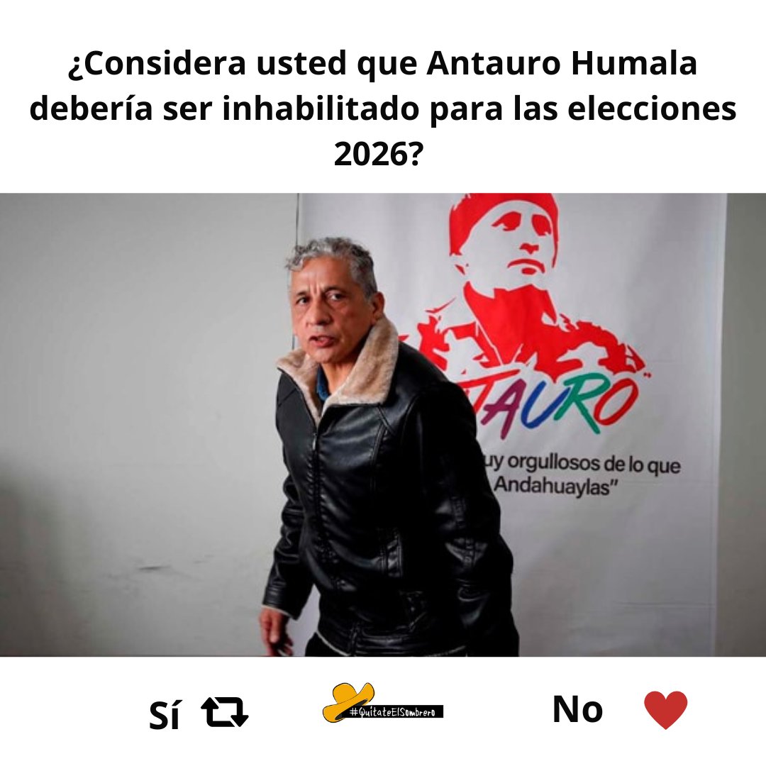 QuitateSombrero's tweet image. ¿Considera usted que Antauro Humala debería ser inhabilitado para las elecciones 2026? 
                       Sí 🔄                          No ❤️