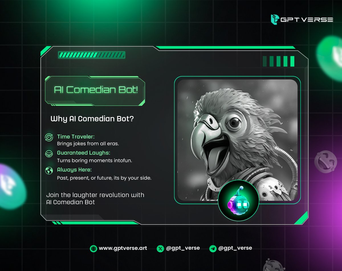 gpt_verse's tweet photo. 🚀 Meet AI Comedian Bot! 🤖

Travel through time with hilarious jokes from the past and future! Perfect for adding a touch of humor to any moment.

❓ Why AI Comedian Bot
•⁠  ⁠🕰 Time Traveler: Brings jokes from all eras.
•⁠  ⁠😂 Guaranteed Laughs: Turns boring moments into fun.
•⁠  ⁠🌍 Always Here:  Past, present, or future, it's by your side.

Join the laughter revolution with AI Comedian Bot! 
👉 https://t.co/NtKy1Q6E37