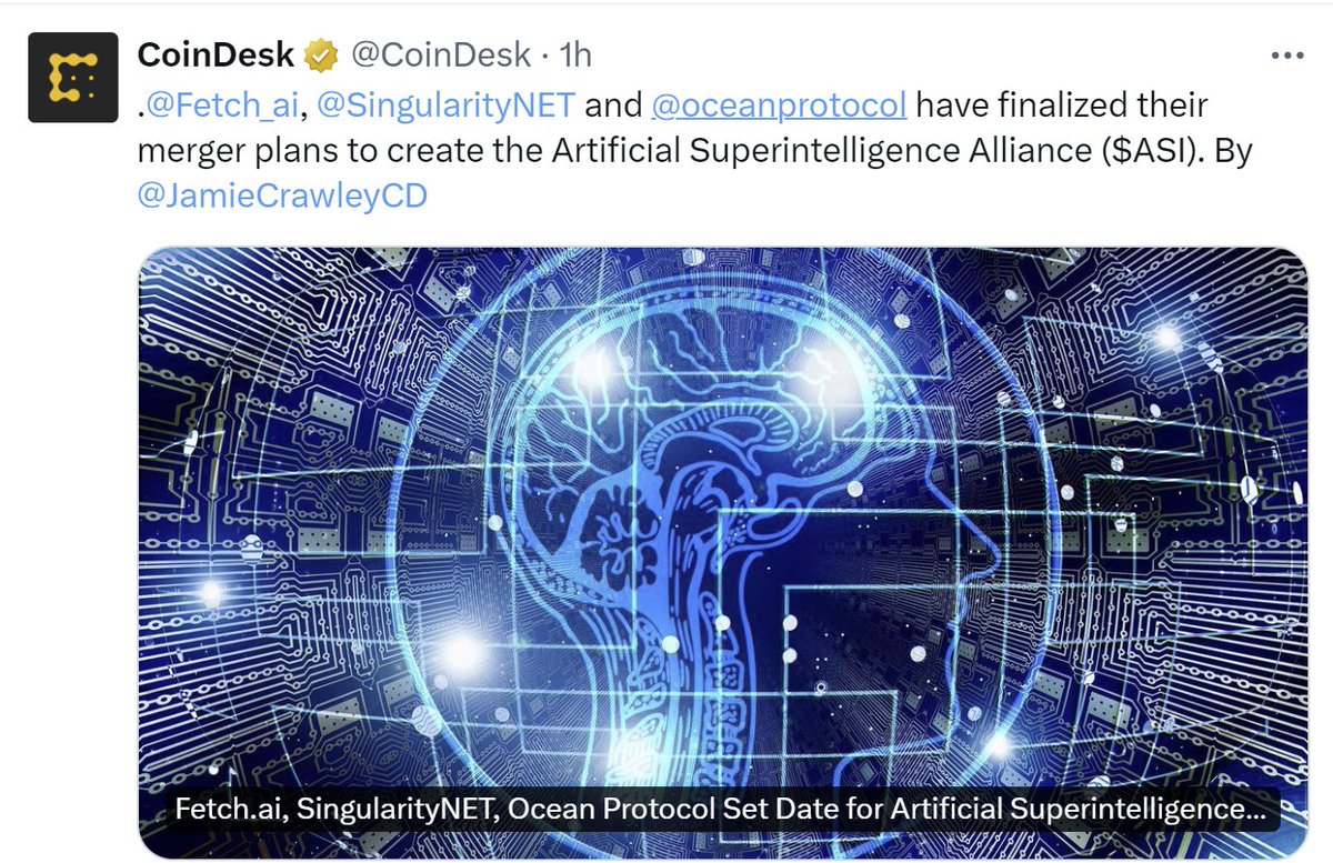 CORRECTION: @Fetch_ai, @SingularityNET and @oceanprotocol have finalized their token merger plans as they create the Artificial Superintelligence Alliance ($ASI). By @JamieCrawleyCD trib.al/v0mPv36