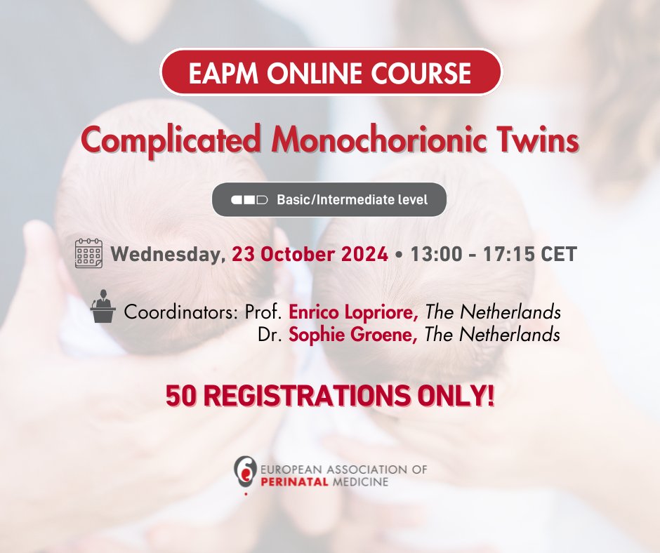 Registrations are limited to 50 participants only for the #EAPM Online Course on Complicated #MonochorionicTwins.  See you on Wednesday, 23 October 2024.

Register from here👉: bit.ly/3WIOY67

#TTTS #TAPS #sFGR