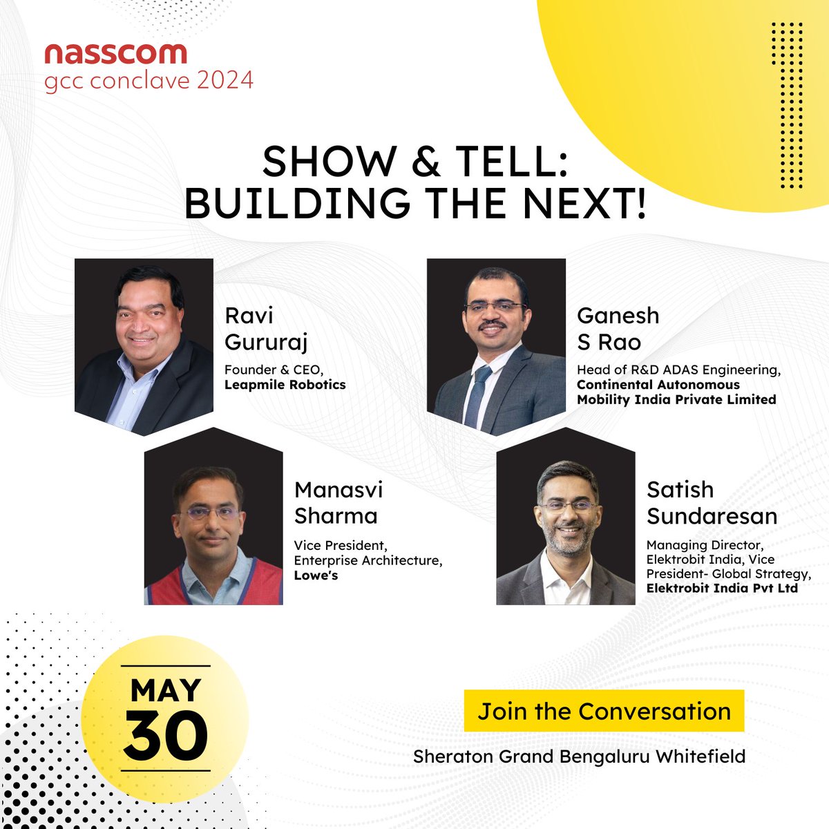 How Are India's GCCs Driving Innovation and Transformation?  

Join @ravigururaj, Founder & CEO of Leapmile Robotics, Ganesh S. Rao, Head of R&D ADAS Engineering at Continental Autonomous Mobility India, Manasvi Sharma, Vice President of Enterprise Architecture at @Lowes, and