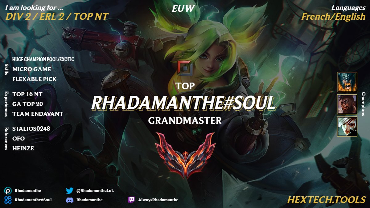 Hi guys once again LFT looking for a new team.
Searching mostly for ERL 2 or Div 2 but avaible to any option.
top laner peak 700LP+ GM and i want to climb even higher and try my best to improve in a team
Don't hesitate to PM me for more information
RT &amp; fav appreciate