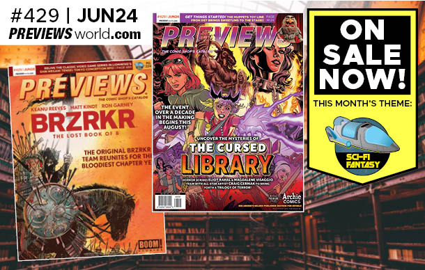Diamond PREVIEWS magazine cover featuring The Cursed Library: Alpha art from Craig Cermak