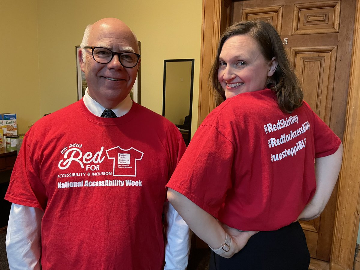 DavidCCoon's tweet image. My colleague @meganmitton and I are wearing red to raise awareness for #DisabilityAwarenessWeek. This year&apos;s campaign theme, &quot;Embracing Accessibility, Inspiring Change,&quot; is especially fitting as New Brunswick prepares to implement the new Accessibility Act.