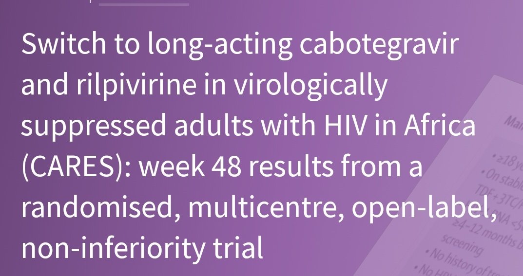 Great to see the landmark CARES Study published in @TheLancetHIV Successful use of LA-CAB/RPV in a Public Health approach with sp much to unpick about DNA RAMs, VL monitoring & durability of response - incredible trial!! Ta for the heads up @DrNickyMackie thelancet.com/journals/lanin…