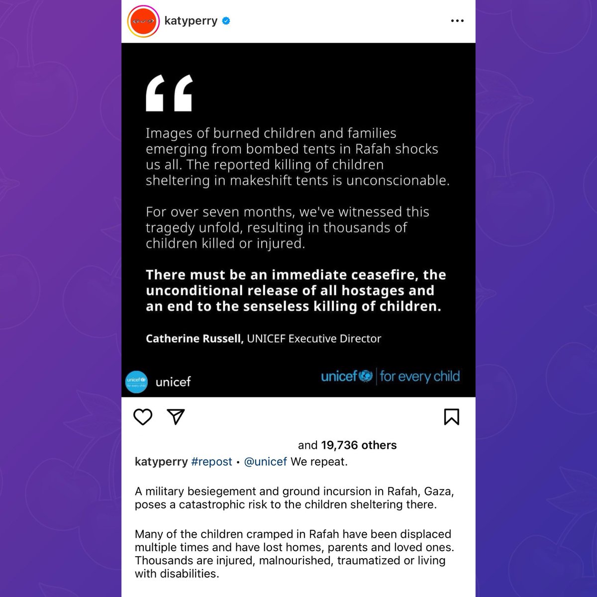Katy Perry reposts UNICEF’s post calling for a ceasefire.