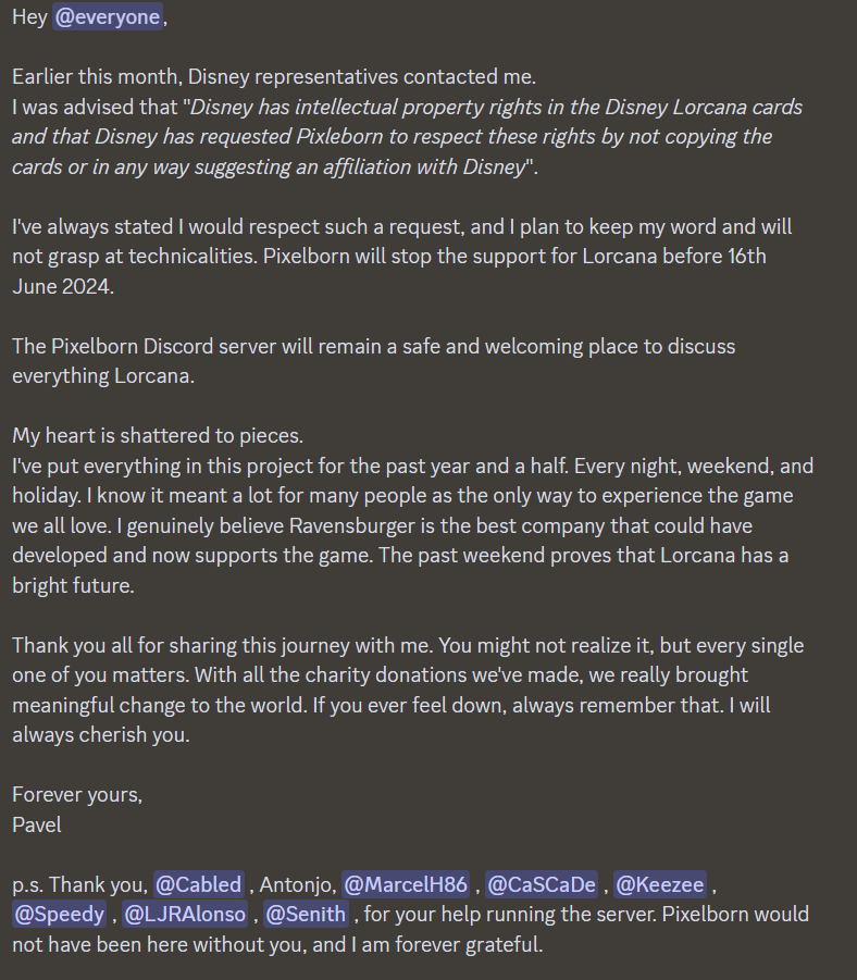 It breaks my heart to say this. 

Pixelborn is shutting down. 

Full announcement in Discord.

#Lorcana