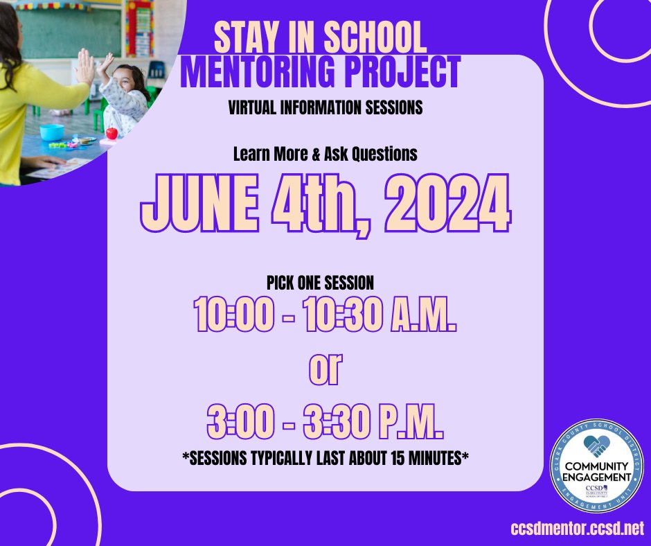 Do you want to be a positive role model for a CCSD student? Become a mentor! Attend an upcoming information session to learn more. Registration Link: weareccsd.net/44HKn6o