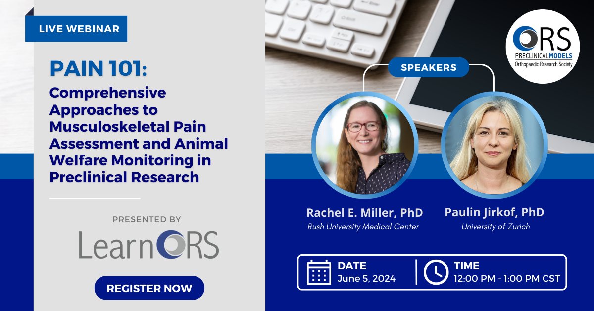 ORSsociety's tweet image. Pain assessment in #preclinical animal models is key for #musculoskeletal research and new therapies. Join us for the next #WebinarWednesday to learn the essential components of a holistic approach to animal welfare assessment and more! Register now: bit.ly/4dLKzFM