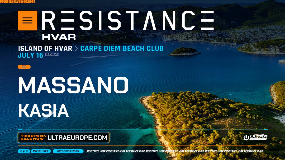 Summer is here! RESISTANCE Hvar returns to Carpe Diem Beach Club on Tuesday, July 16 with the hypnotic sounds of @massanomusic and Kasia as part of Destination Ultra! #UltraEurope2024 Tickets: ultraeurope.com/tickets/resist…