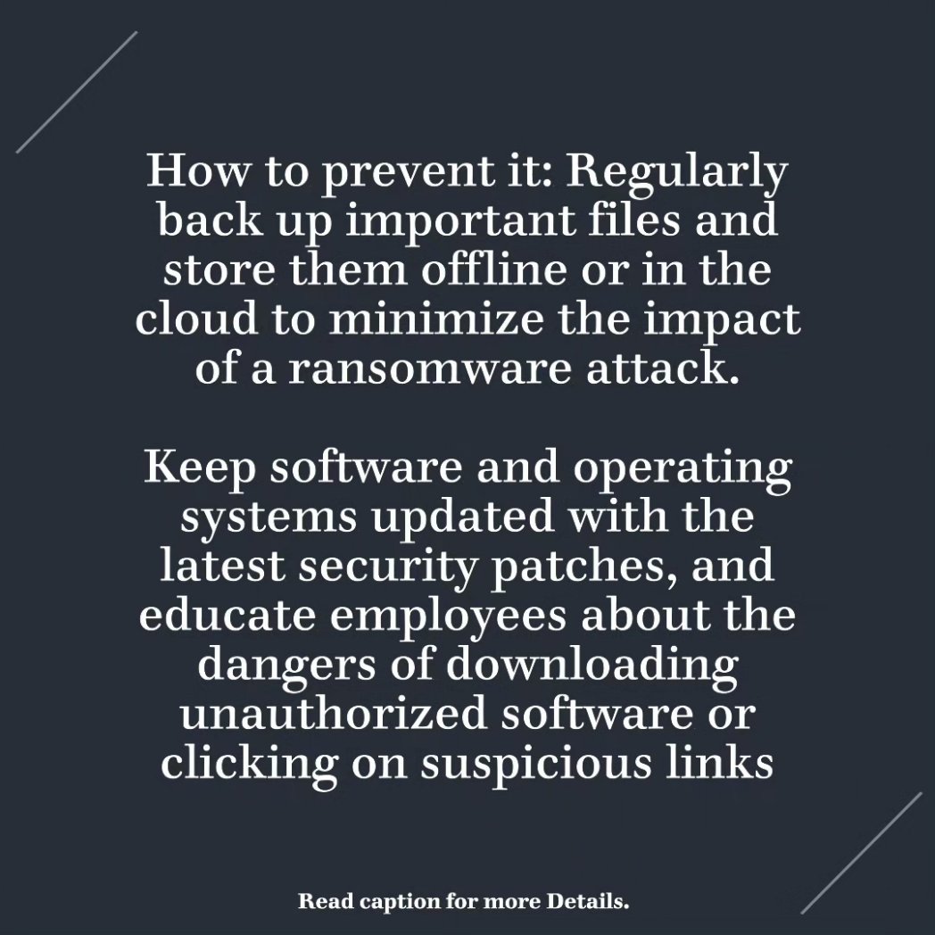HarshitNamdev0's tweet image. What is Ransomware ? 

Ransomware 💸🔒 is a type of malicious software that blocks access to a computer system until a sum of money is paid. 

To protect yourself from ransomware, regularly back up your data 📂 and keep your software updated. 
#Ransomware #CyberSecurity #tech