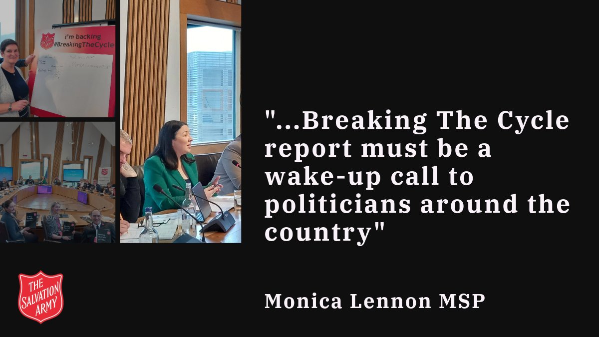 Drug and alcohol policy should be treated predominantly as a public health issue. That is one of seven recommendations presented to MSPs <a href="/ScotParl/">Scottish Parliament</a> one week ago today in our #BreakingTheCycle report | more salvationarmy.org.uk/homelessness-p… <a href="/MonicaLennon7/">Monica Lennon MSP</a>