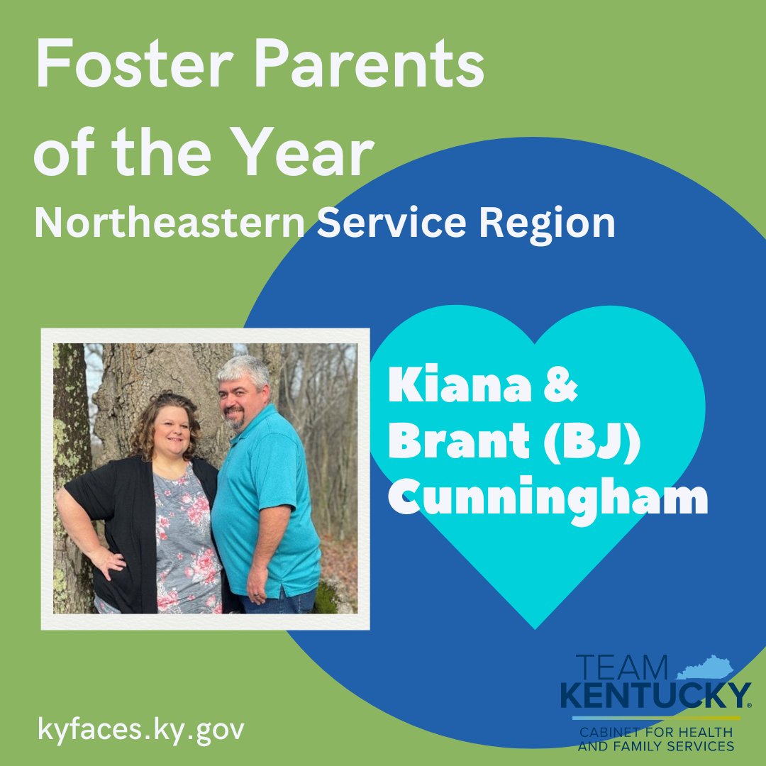 Congrats to Kiana & Brant (BJ) Cunningham, Northeastern Service Region's Foster Parents of the Year! Since opening their home to foster children in 2017, they have welcomed 30 children. Read more: tinyurl.com/3t5v88d4 Be a foster parent! Visit kyfaces.ky.gov.