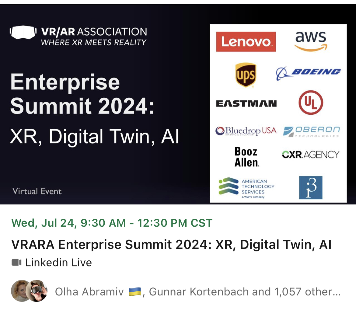 😎  1050+ already registered for our annual Enterprise Summit linkedin.com/events/7186048… Learn from the best about AI, digital twins, digital transformation, and so much more!

#virtualreality #augmentedreality #spatialcomputing