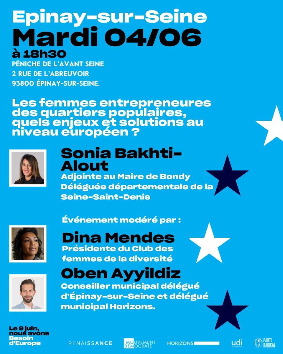 Chers amis, à vos agendas ! Notre délégué départementale, <a href="/soniabakhti/">Sonia Bakhti - Alout</a>, organise une table ronde sur Les femmes entrepreneures des quartiers populaires le 📆 Mardi 4 juin   🕗 18h30 n’hésitez pas à vous inscrire. 

Haut les cœurs 🔵⚪️