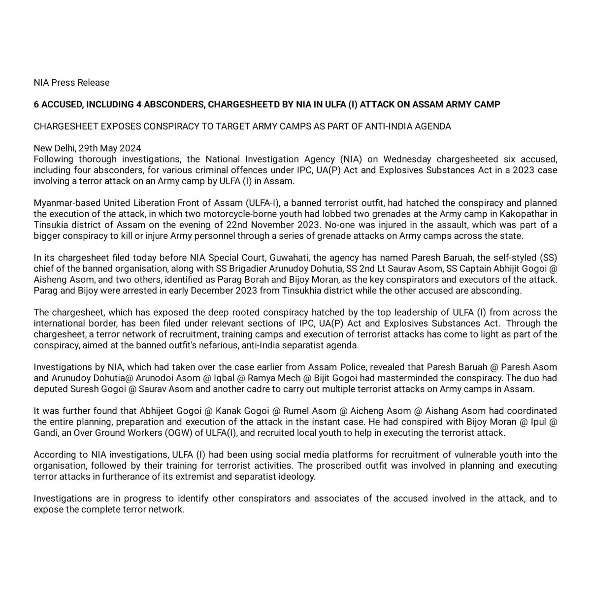 #NewDelhi | @NIA_India files Chargesheet against 6 Accused, including 4 Absconders in ULFA(I) Attack on Assam Army Camp