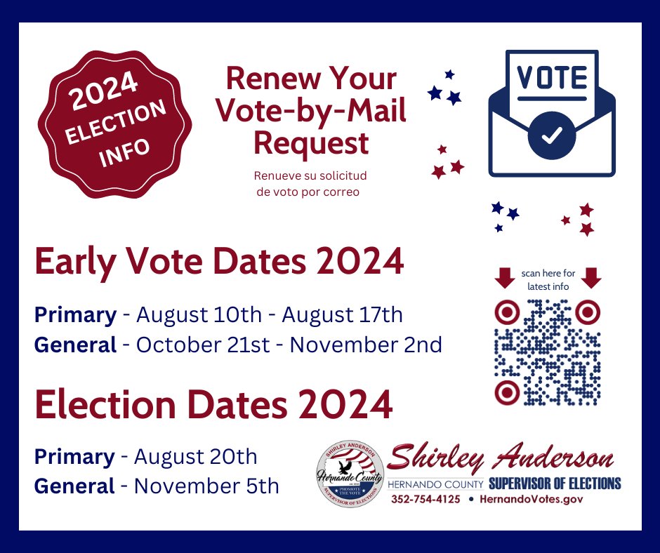 HernandoVotes's tweet photo. Have you requested a Vote-By-Mail ballot for this election cycle?
You can renew your VBM request in-person, over the phone, or on our website @ https://t.co/cJ1yskeWlv
#TrustedInfo2024 #TrustedElectionInfo https://t.co/iNAt3Rf6gT