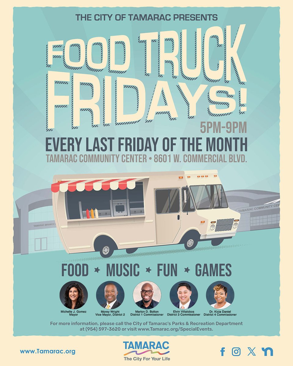 THIS FRIDAY! Bring your family and appetites to the Tamarac Community Center, 8601 W. Commercial Blvd. on the last Friday of the month, May 31, to enjoy local food truck flavors. The next date is May 31. We hope to see you there from 5 - 9 p.m. #TamaracFL