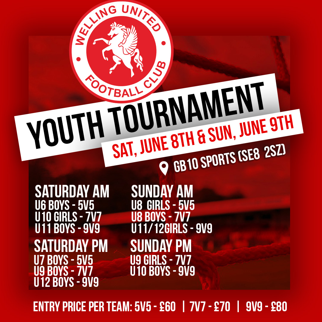 🏆Places are available to take part in the Welling United Academy Youth Tournament on Saturday, June 8th and Sunday June 9th! 

Trophies are up for grabs for 5-a-side, 7-a-side and 9-a-side teams. 

Sign up here 👉 docs.google.com/forms/d/e/1FAI…

#wearewings #youthtournament