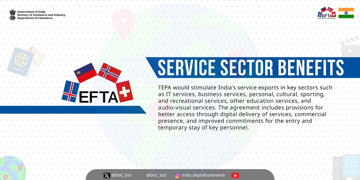 Understand how TEPA stimulates India's service exports in key sectors, enhancing digital delivery, commercial presence, and entry commitments for key personnel. #EFTA #DoC_GoI @IndiainSwiss @IndEmbFinEst @IndiainNorway