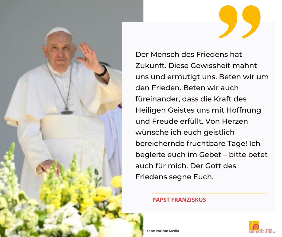 Papst Franziskus schickt eine Grußbotschaft zum 103. @katholikentag in #Erfurt 🌟 Mit dem Motto „Zukunft hat der Mensch des Friedens“ fordert er uns auf, Frieden, Gerechtigkeit und Vertrauen in Gott in den Mittelpunkt unseres Handelns zu stellen. „Von Herzen grüße ich Euch