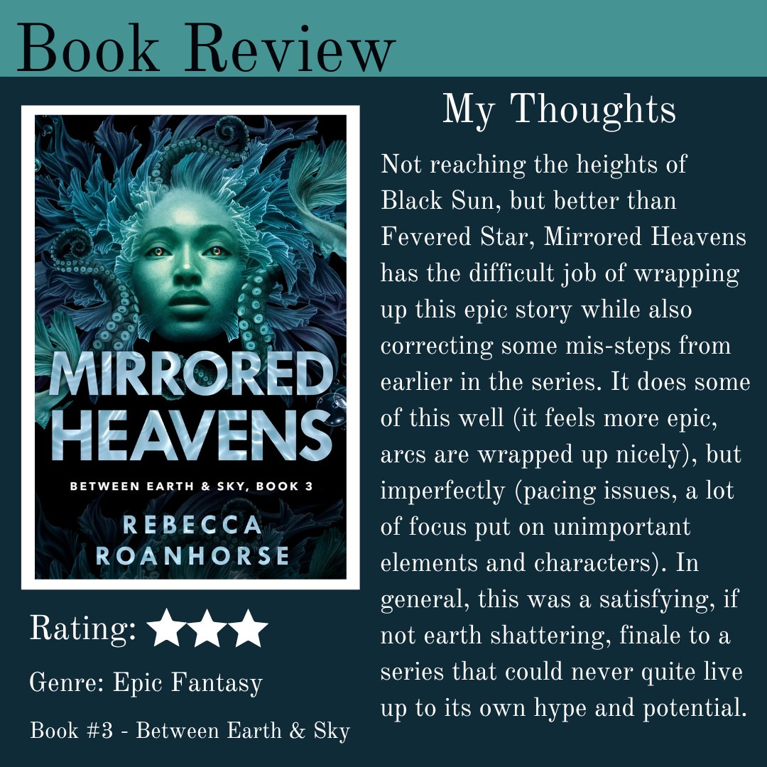 Nathan’s Fantasy Reviews (@nathan_reviews) on Twitter photo Mirrored Heavens by Rebecca Roanhorse is a satisfying yet quite uneven finale to the Between Earth & Sky series.
Full review: beforewegoblog.com/review-mirrore…
<a href="/BethTabler/">Beth Tabler</a> <a href="/BeforeWeGoBlog/">BeforeWeGoBlog</a> Mirrored Heavens by Rebecca Roanhorse is a satisfying yet quite uneven finale to the Between Earth & Sky series.
Full review: beforewegoblog.com/review-mirrore…
<a href="/BethTabler/">Beth Tabler</a> <a href="/BeforeWeGoBlog/">BeforeWeGoBlog</a>