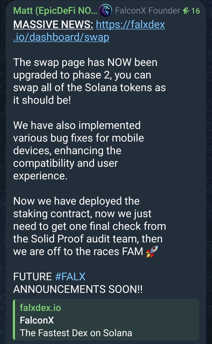 YourrFlyness's tweet photo. Bro it's all about @FalconXOfficial and their coin $FALX

They have launched the fastest, most reliable #DEX on @solana 

- Launched at 1.2m and currently sitting just above 15m
- Staking going live any second now, as the audit came back fully positive

CA: Afo4NumBNHDXc7m7p6qjZ1pF3LbqYfG5k1CNrGve8rVu
Website: https://t.co/F4YlNv6SJm

@RaydiumProtocol and @JupiterExchange will be a thing of the past.